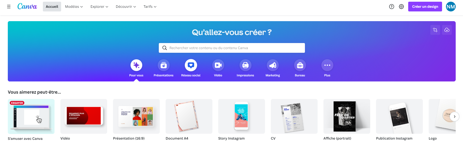 Screen d'accueil du site, Canva